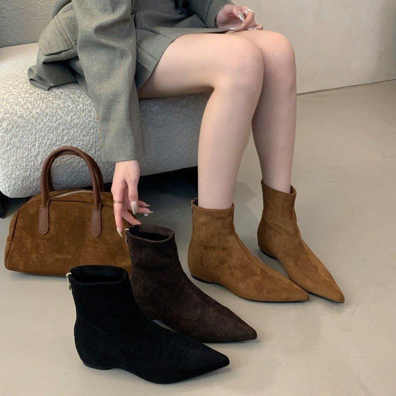 Frosted Simple Thin Boots Autumn and Winter Socks Boots Suede Trendy Brand Short Boots Femininity Flat Bottom Pointed 2025 New Flat Heel
