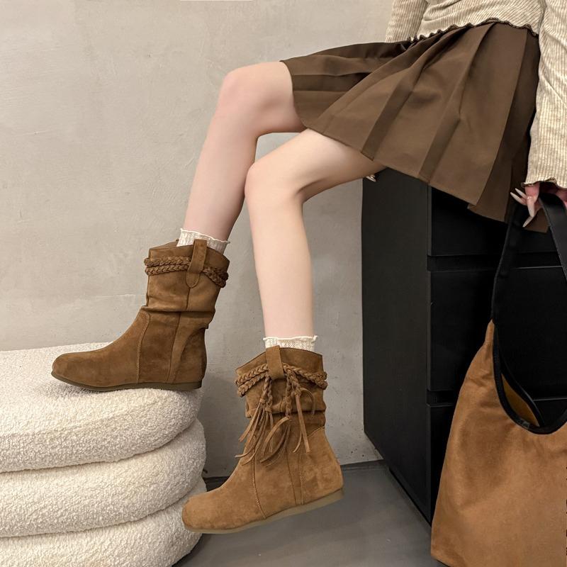 Fashion Flat Single Boots Autumn New Round Toe Suede Sleeve Soft Sole Anti-Slip Wear-Resistant Booties