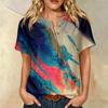 Women's Short Sleeve Linen Cotton Shirt Henley Button Neck Chest Pocket Casual Blouse with Artistic Print Pattern Lightweight Summer Top