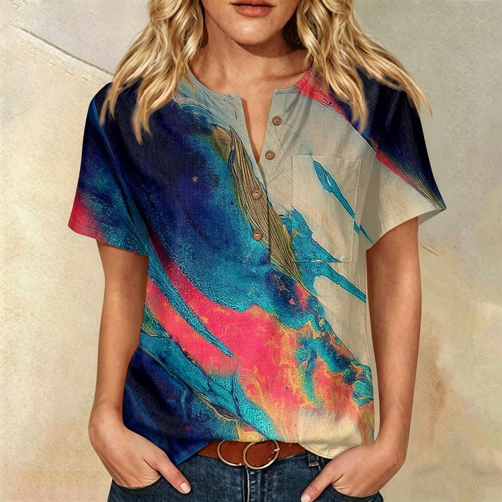 Women's Short Sleeve Linen Cotton Shirt Henley Button Neck Chest Pocket Casual Blouse with Artistic Print Pattern Lightweight Summer Top