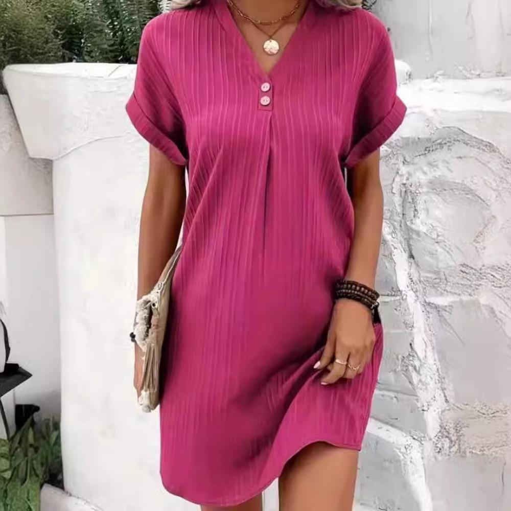 Women's V-Neck Solid Color Pullover Dress, Comfortable Casual Button-Down Midi Dress ,Casual V-Neck Solid Dress, Soft Pullover Style Button Dress