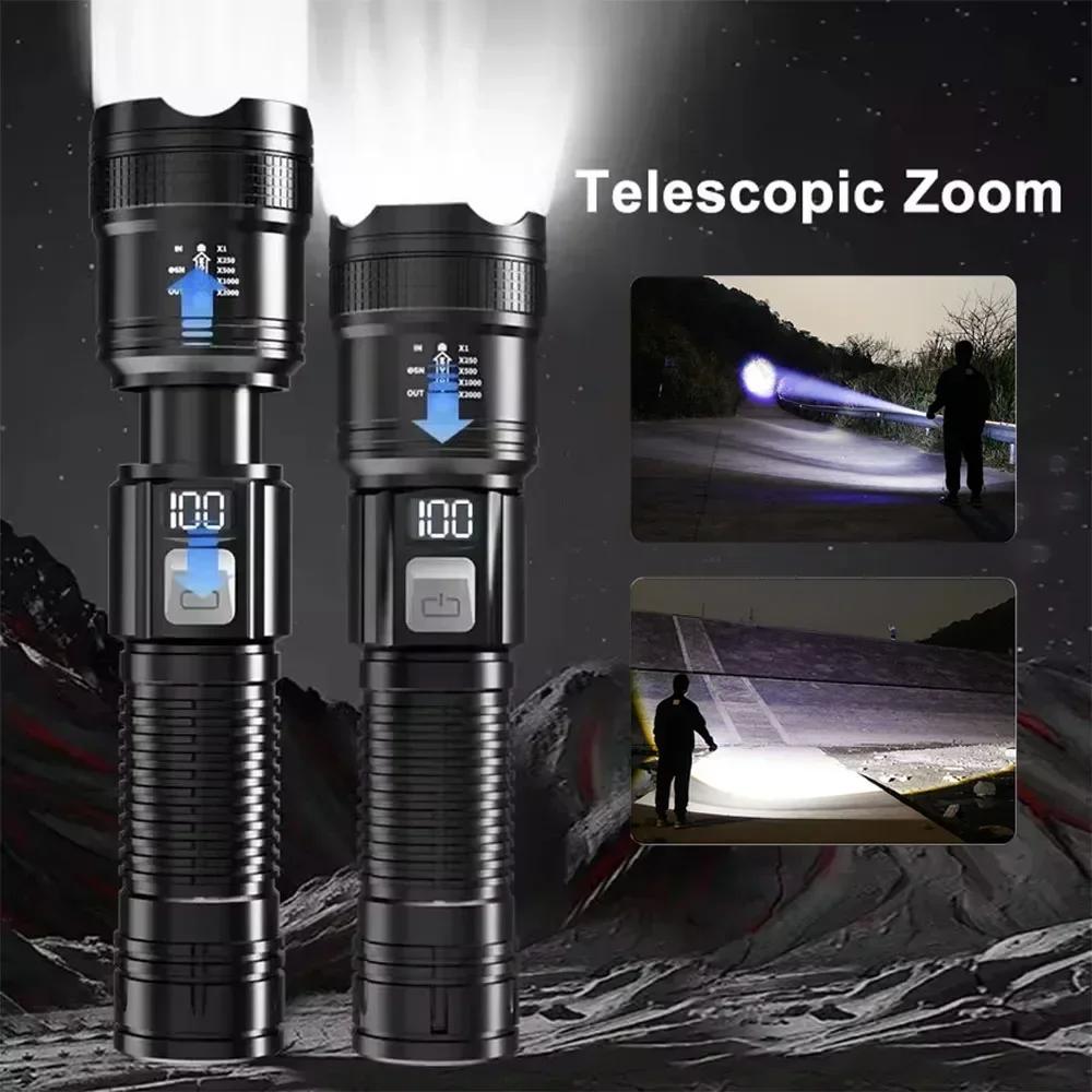 Super Bright LED Flashlight with Battery Display Rechargeable Light Telescopic Zoom Torch Lamp Outdoor Camping Fishing Lantern