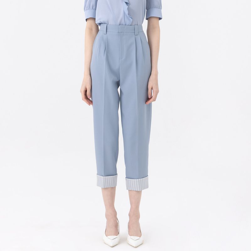 

Obeg Летние Брюки Капри с Защипами с Высокой Посадкой Зауженные Костюмные Fog Blue 155/XS/34