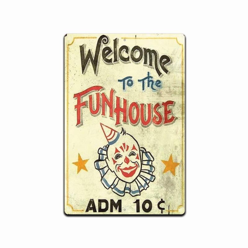 Fun House Circus Tin Sign, Vintage Clown Art Metal Decor for Kitchen Bar