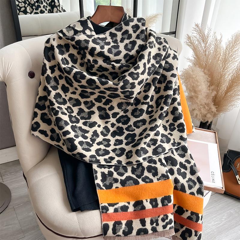 Luxury Leopard Design Scarf Imitation Cashmere Soft Warm Fringe Shawl Autumn Winter Coldproof Windproof Blanket Scarf