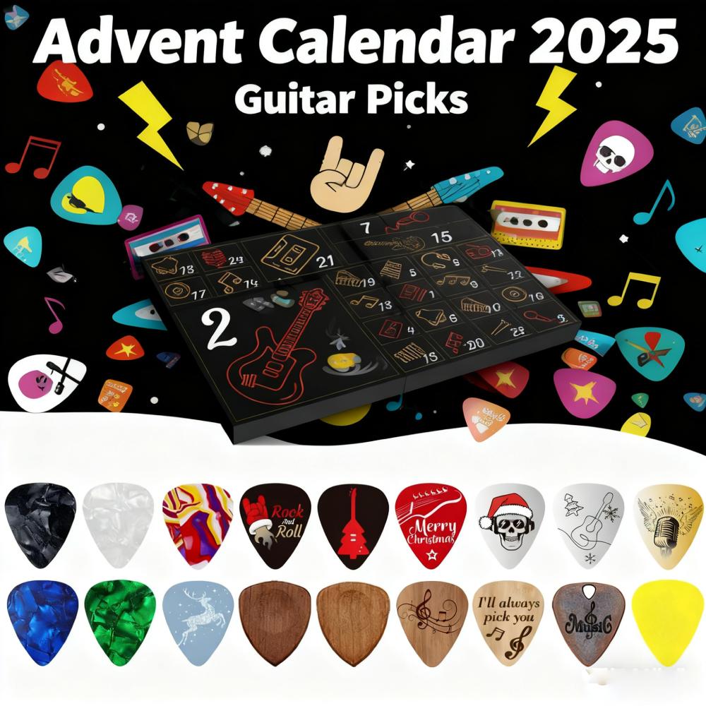 Guitar Picks Musical Countdown Calendar 2025 24 Days Surprises Gift Box Celluloid/Wood Picks Gift for Guitar Bass