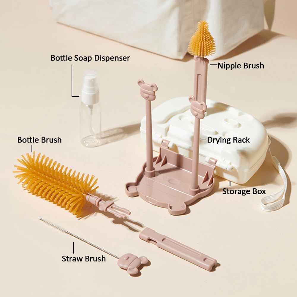 6-in-1 Flaschenreinigungsbürsten-Set Mit Silikon-Flaschenbürste Strohbürste Nippelbürste Seifenspender Aufbewahrungsbox Trockenständer