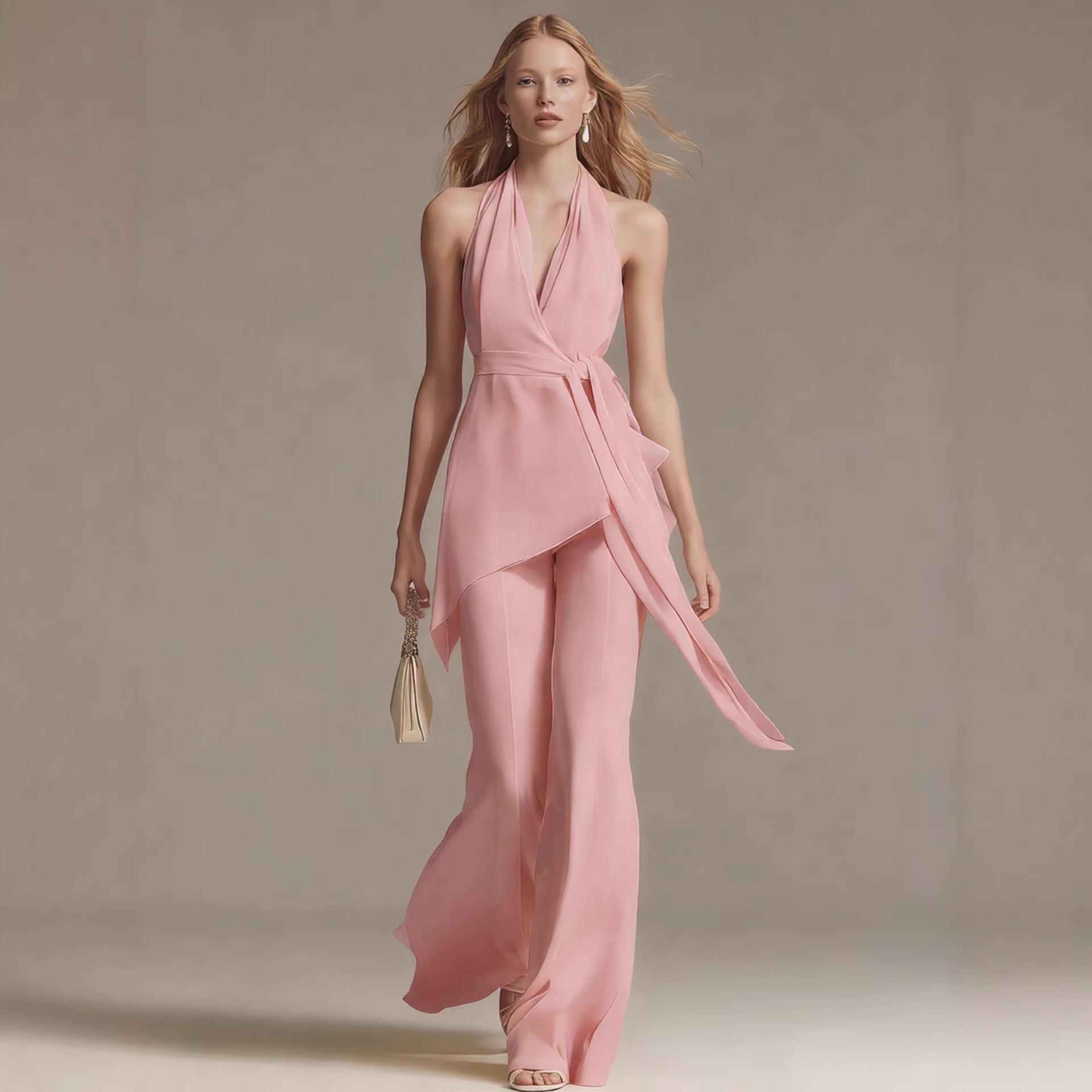 

European American 2026 Fashion Halter Backless Wide-Leg Jumpsuit Set Extra Large