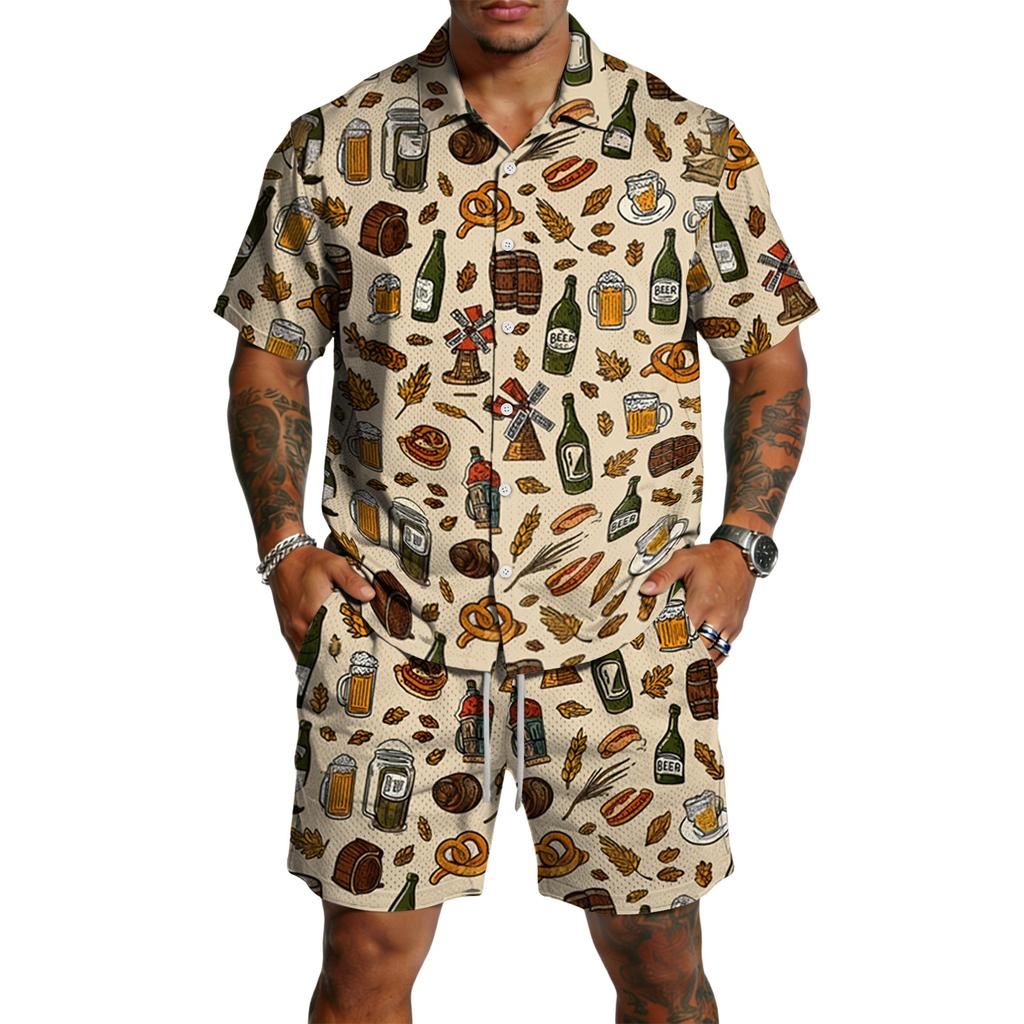 Men's Casual Short Sleeve Shirt and Shorts Set Beer Festival Print Lightweight Breathable Summer Outfit for Outdoor Activities