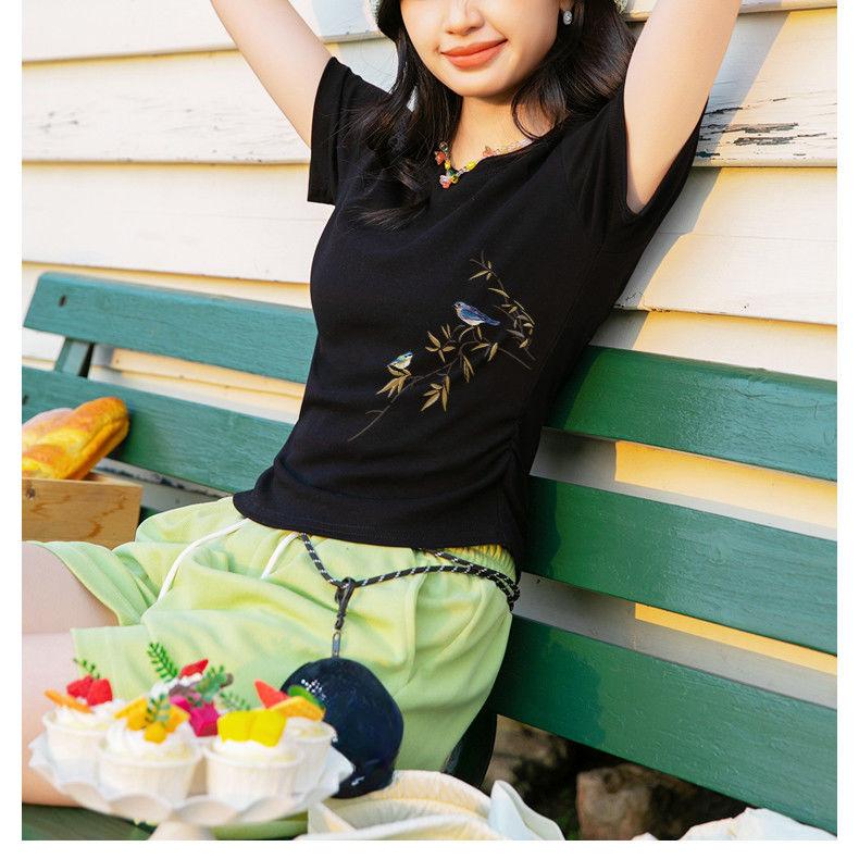 Chinese Style Short Sleeve Tshirt Women Summer Beige Crop Top Fashion Trendy Outfit