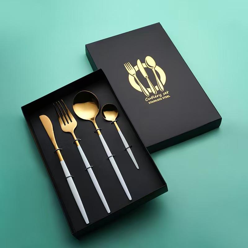 tableware 410 stainless steel, knife, table fork, table spoon, kitchen utensils, Portuguese-style, green and gold 4-piece set