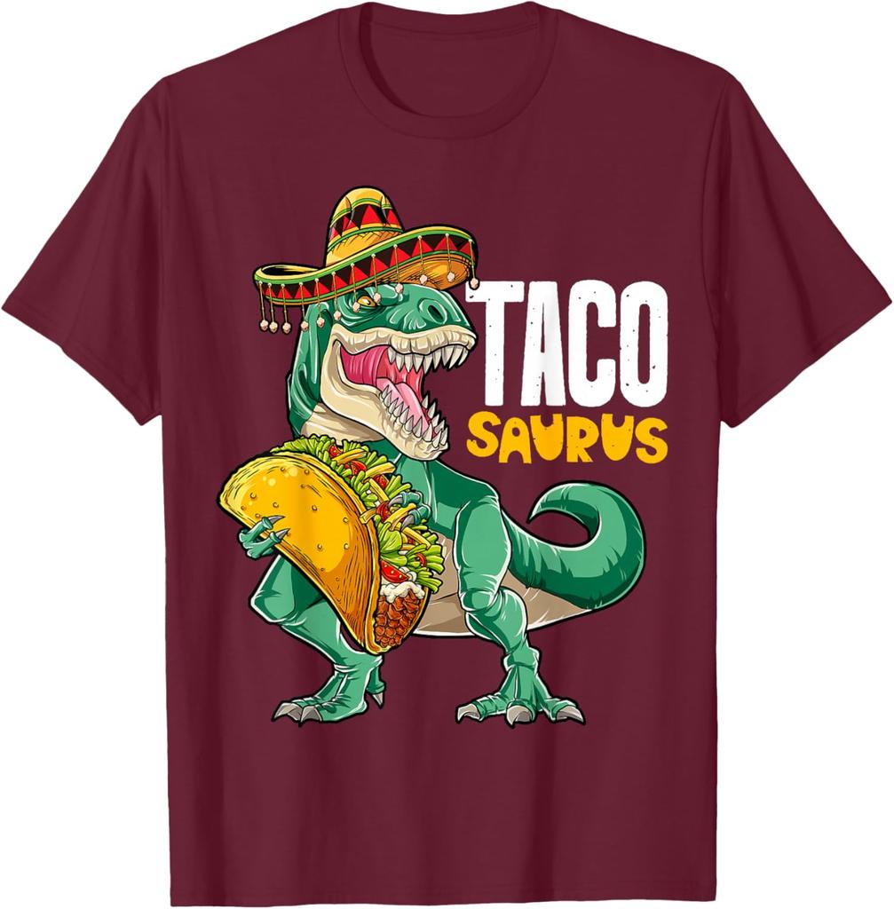 Tacosaurus Dinosaur mit Taco Sombrero Grafik T-Shirt Baumwolle Lässig Kurzarm T-Shirt für Herren