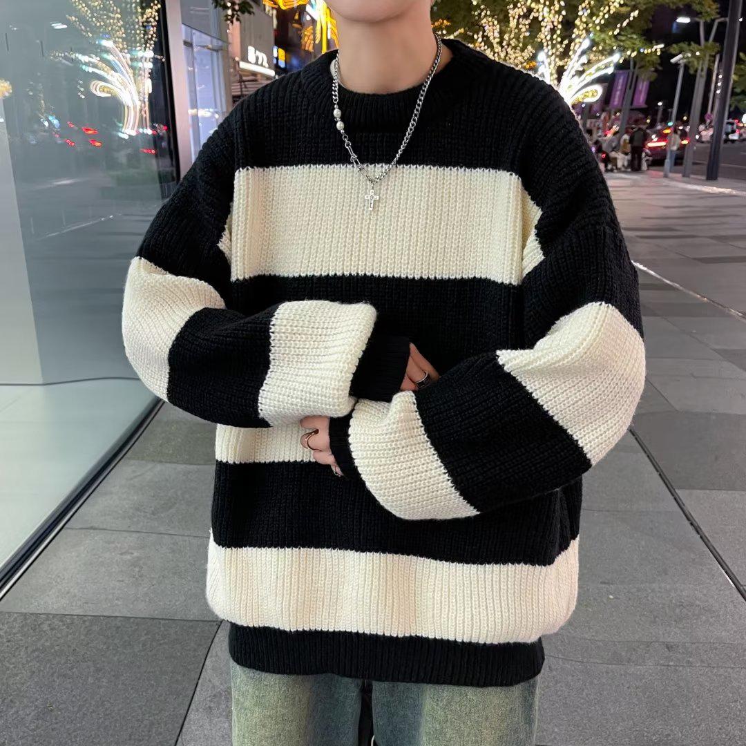 

Японские полосатые свитера унисекс: Трикотаж в стиле ретро Харадзюку, новые осенне-зимние стили, мода высокого класса M