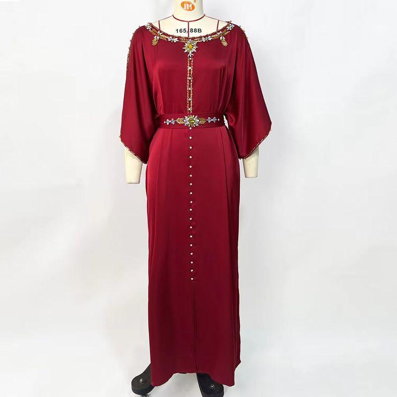 

Ethnic Style Handmade Seam Drill Dress Party Guest dresses Diamond Studded Party Dress Burgundy L