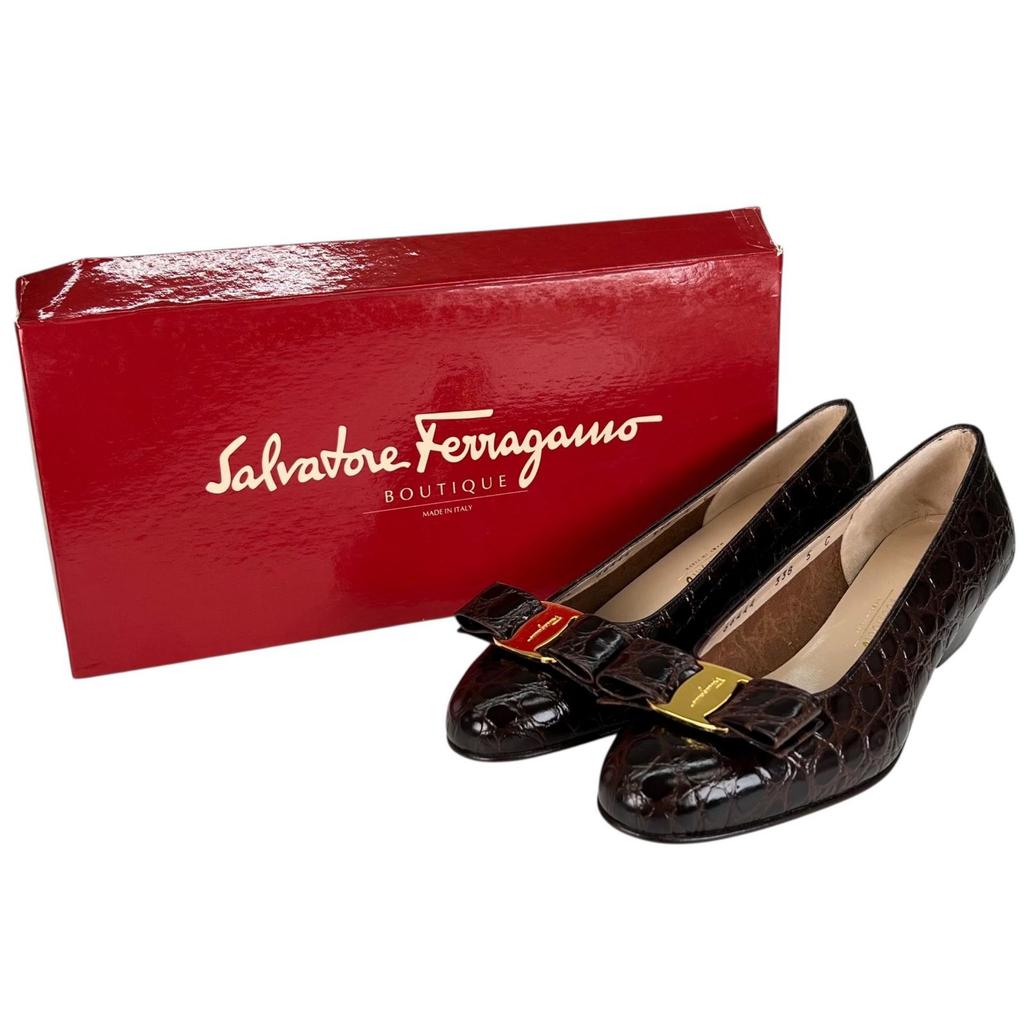 Ausgezeichnete Salvatore Ferragamo Pumps VARA Vara Schleife Braun Krokodil Damen 5 Gebraucht