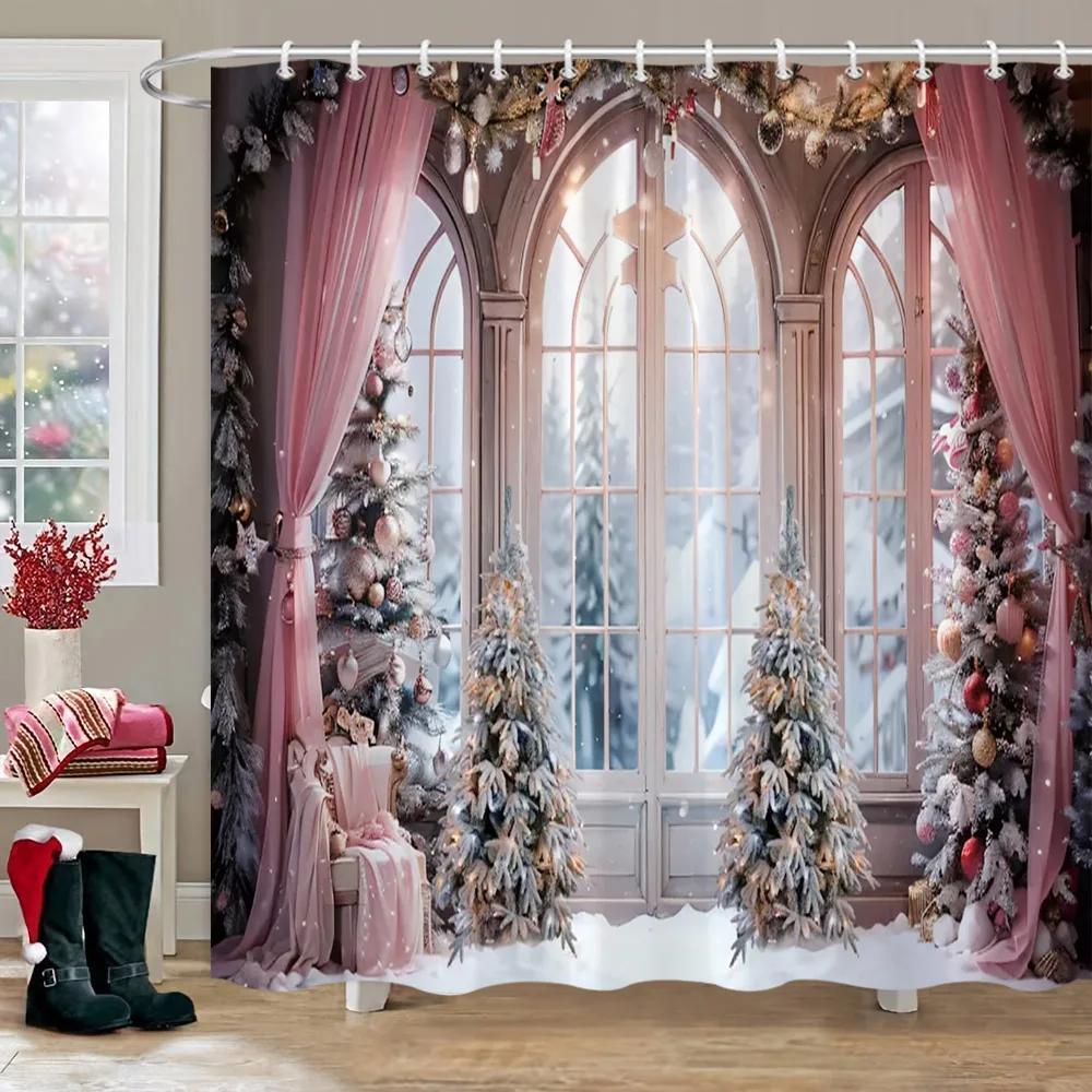 Weihnachtsparty Duschvorhänge Kamin Weihnachtsbaum und Geschenke Schneemann Schneeszene Waschbarer Duschvorhang Kunst Badezimmer Dec
