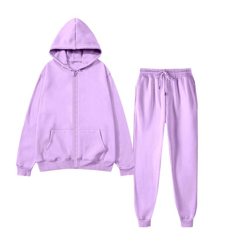 Womens Fleece Hooded Zip Tracksuit Loose Fit Solid Color Sportswear Set