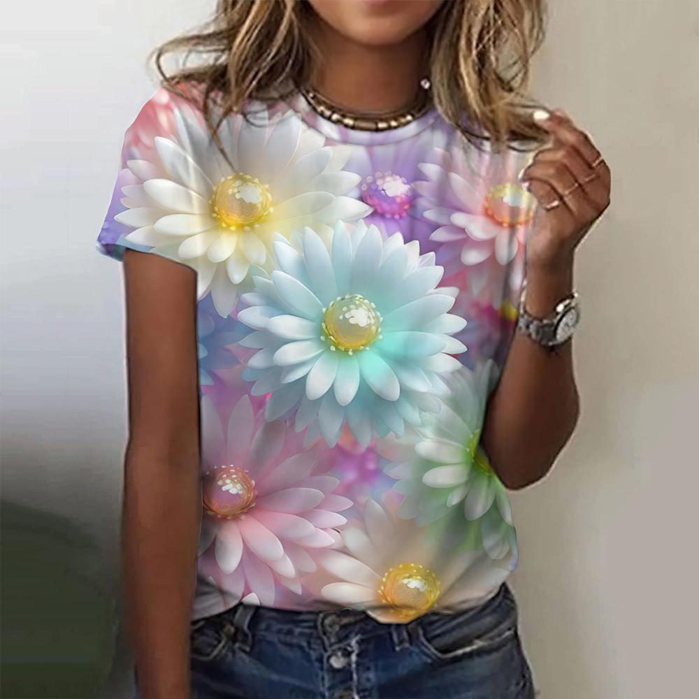 Fashion 3D Floral Print T Shirt for Women Summer Short Sleeve Tees Casual O-Neck Loose Short Sleeve Ladies Top