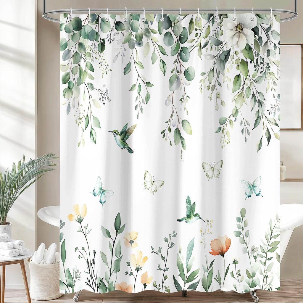 Botanical Shower Curtain With Hummingbirds And Butterflies, White With Green Leaves Shower Curtain Set, Floral Design Bathroom