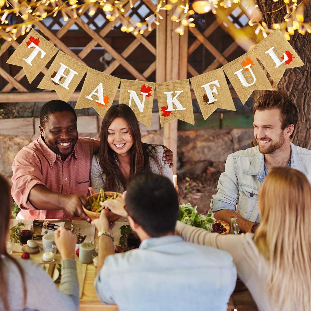 Whaline Thankful Burlap Banner with Rustic Thanksgiving Garland Fall Maple Leaves Decorations Thanksgiving Mantel Fireplace Wall Hanging for Autumn