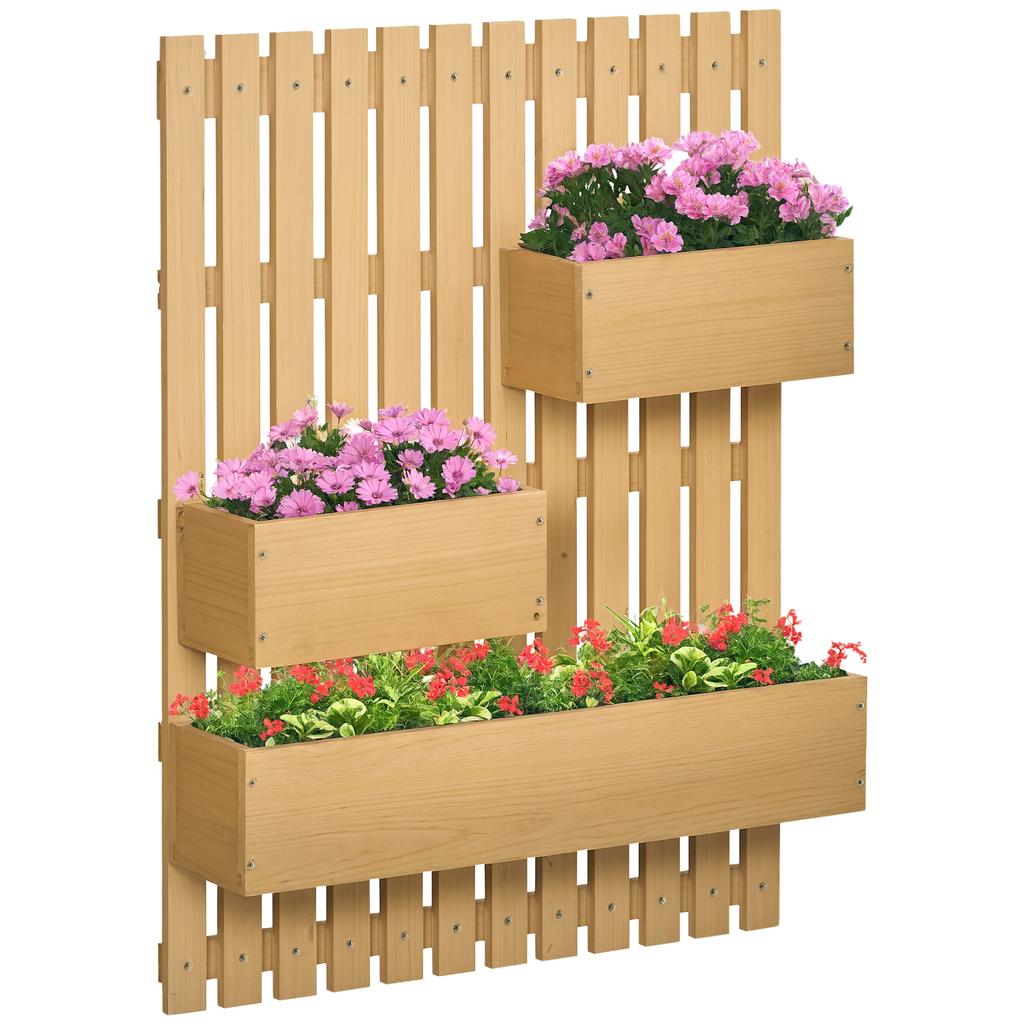 Wall-mounted Wooden Garden Planters with Trellis. Drainage Holes and 3 Planter Boxes for Patio. Natural