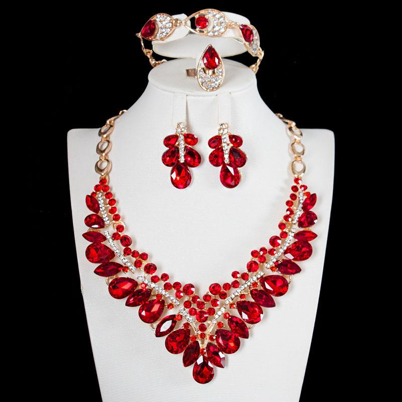 Exaggerated Jewelry Crystal Gem Necklace Earrings Four-Piece Women'S Dress Dinner Accessories