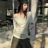 Fashionable Street Casual Shell Button Off-shoulder Long-sleeve High-stretch T-shirt