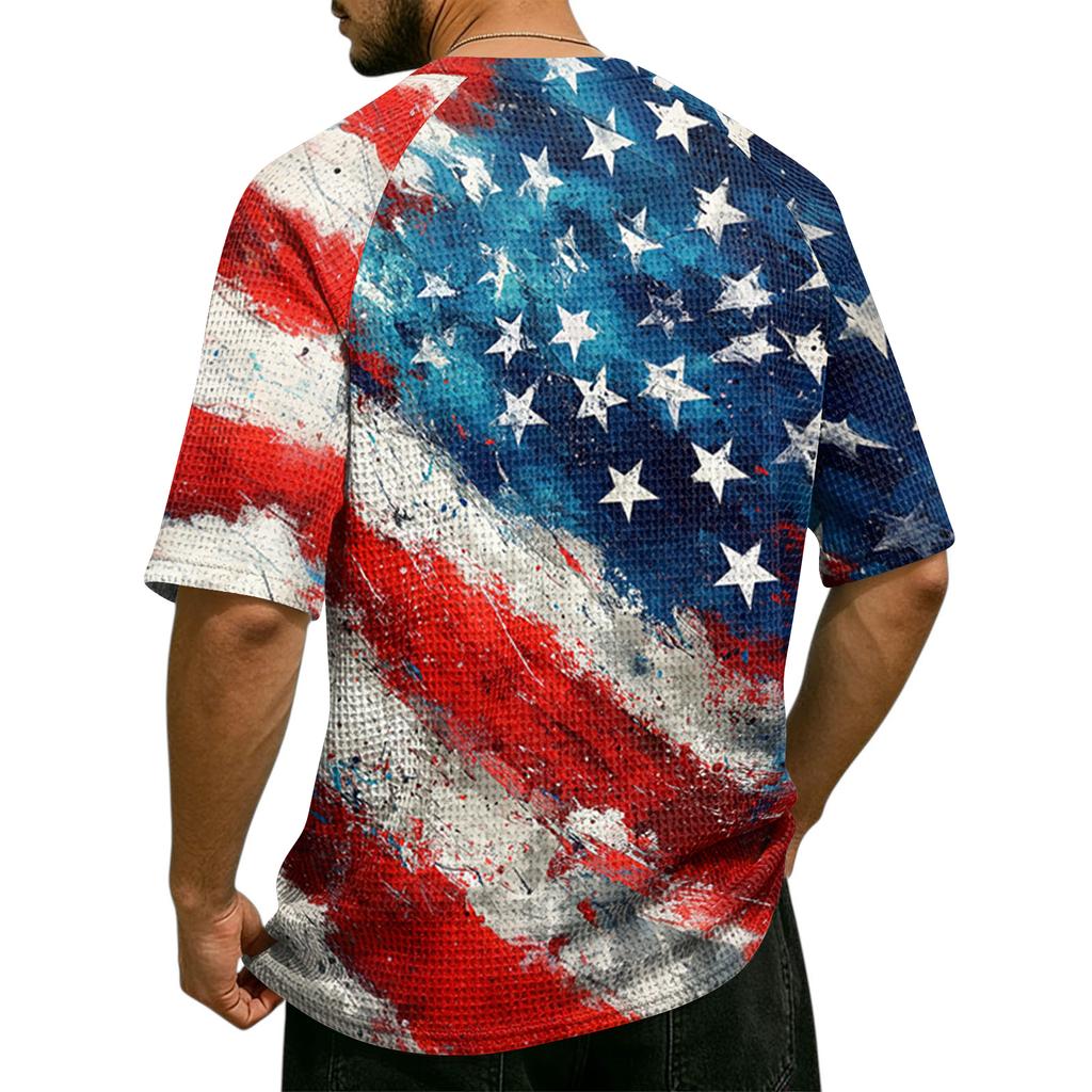 Men's Casual Waffle Knit Short Sleeve Shirt USA Letter Print Lightweight Breathable Summer Top with Button Front