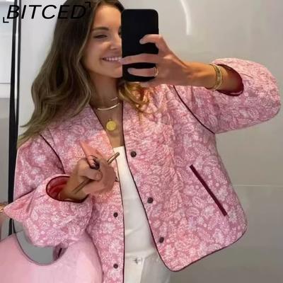 Women's Autumn/Winter Fashion Casual V-Neck Printed Quilted Cotton Patchwork Jacket