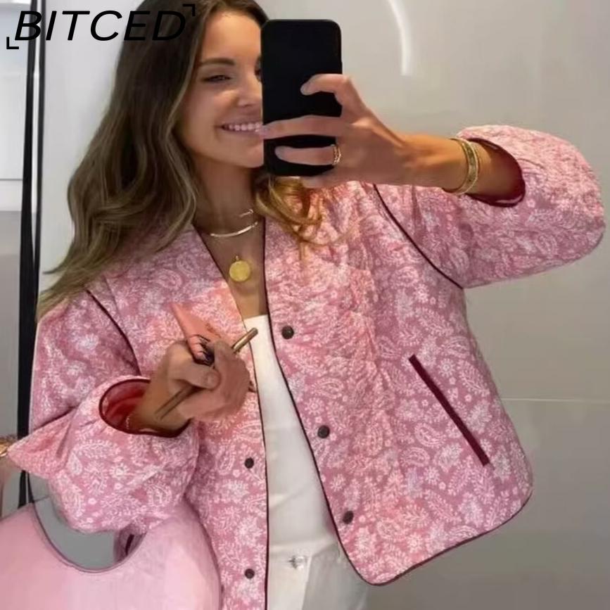 BITCED Women's Autumn/Winter Fashion Casual V-Neck Printed Quilted Cotton Patchwork Jacket