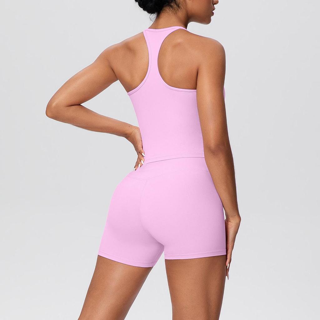 Set Yoga da Donna Transfrontaliero con Spalline Sottili, Vita Alta, Top che Scopre la Schiena e Pantaloncini Aderenti