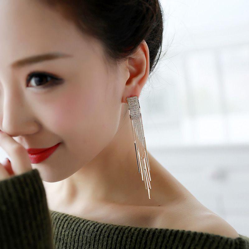 New Gold Color Long Crystal Tassel Clip On Earrings Without Piercing  for Women Wedding Brinco Fashion Jewelry Gifts