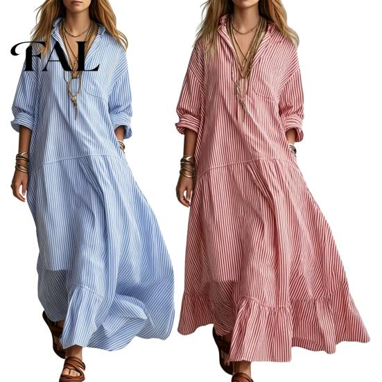 Loose Women Dress Striped Long Sleeve Dress, V-Neck Collar Maxi Shirt Fit for Summer Autumn, Breathable Casual Ladies