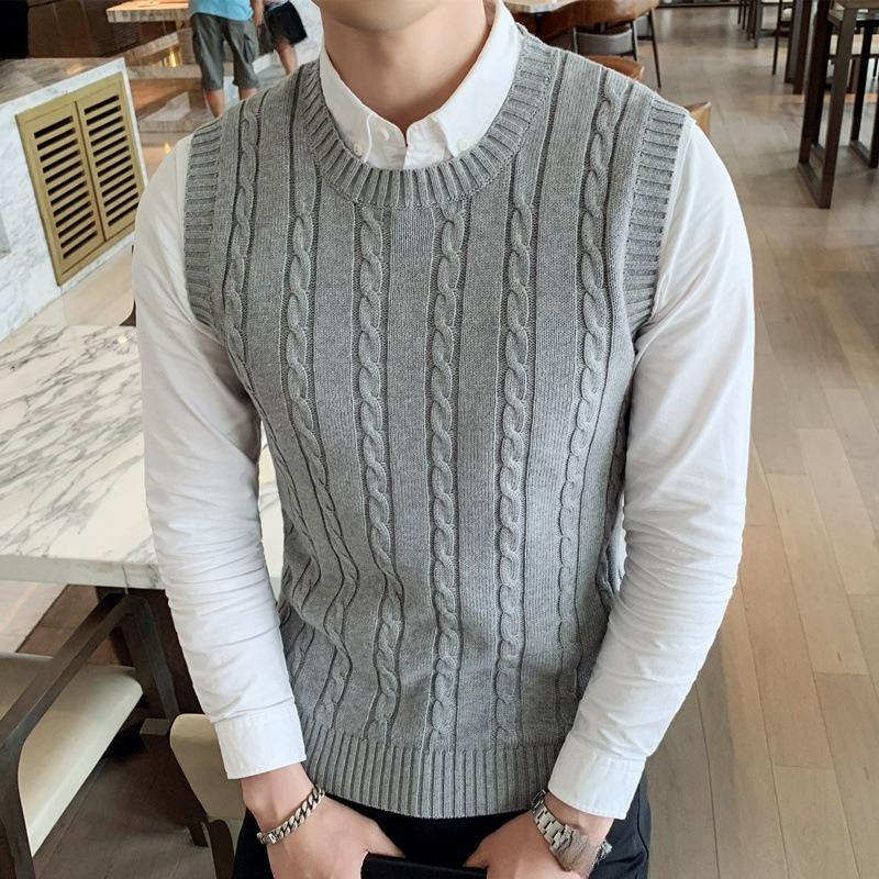 Autumn and Winter Men's Woolen Vest V-neck Sleeveless Sweater Vest Thickened Twist Solid Color Knitted Waistcoat Tide Waistcoat