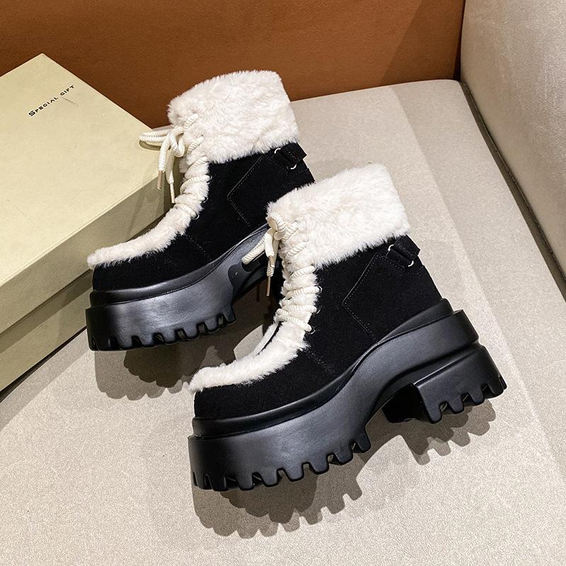 Women's Soft Lace-up Elastic Winter Warm Cold Padded Snow Boots Thick Bottom Non-slip Wear-resistant Outdoor Leisure Sports Fur Cotton Boots