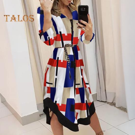 Damen-Midikleid mit Knopfleiste und V-Ausschnitt, langärmliges Kleid mit Schnürung und Aufdruck, lässiges Sommeroutfit für den Alltag, Urlaub, Club, Cocktailparty