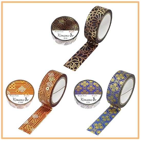 Kamiiso Sansho Made in Japan Washi Masking Tape, kimono-bi 3-Roll Set (Choyo, Shippo-jima, Shippo), 
