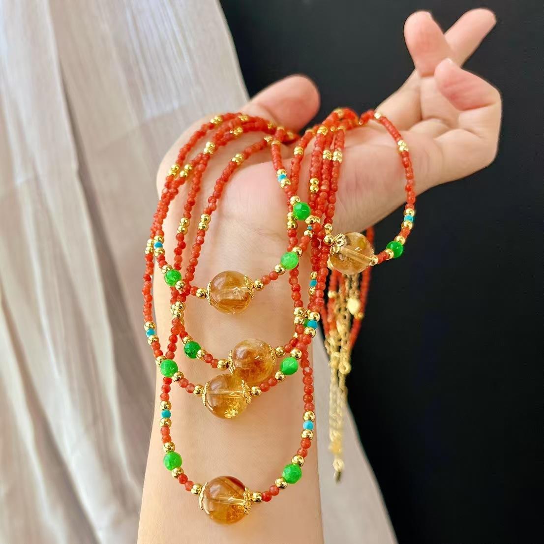 Vintage Natural Nanhong Citrine Contrasting Color Design Sense Collarbone Chain Necklace