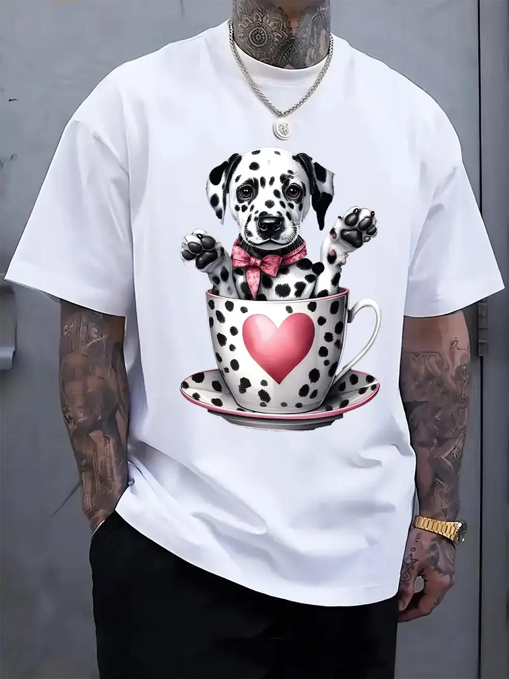 Light Gray Crew Neck T-shirt with Adorable Dalmatian Dog & Heart Print - Casual L