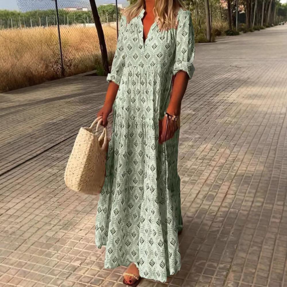 Damen V-Ausschnitt Langarm Maxikleid Oversized Lässig Geometrischer Print Urlaubs-Kleid