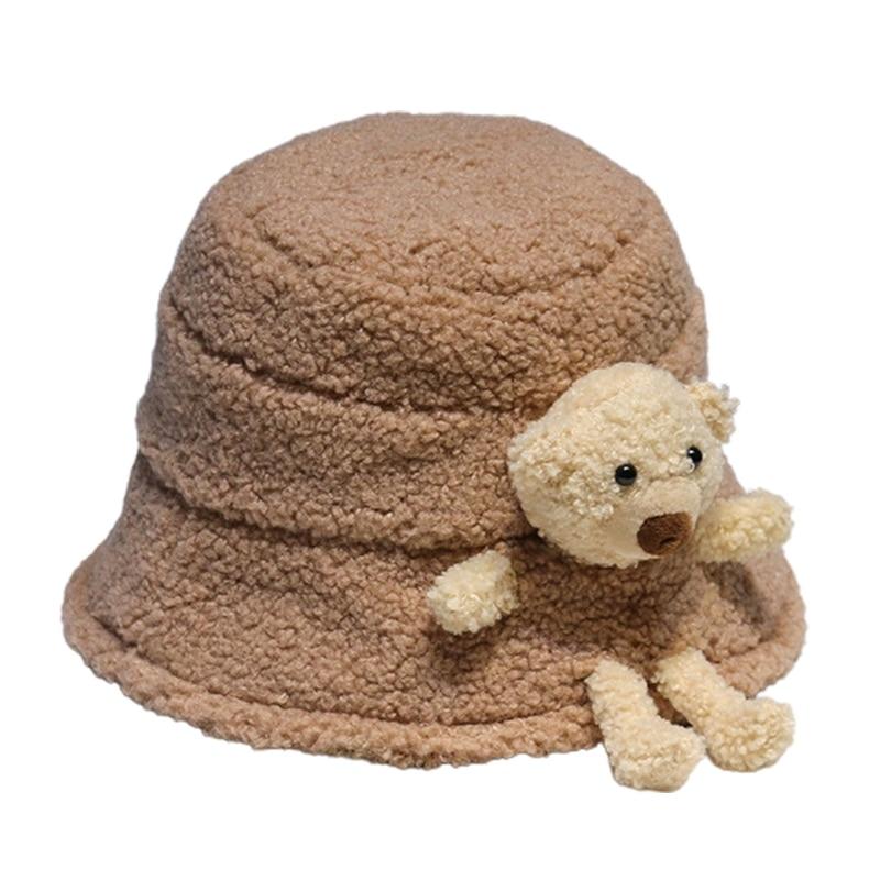 Winter Fluffy Plush Warm Bucket Hat Cute 3D Stuffed Teddy Bear