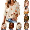 Women's Casual V-Neck Top with Maple Leaf Print, Three-Quarter Sleeve