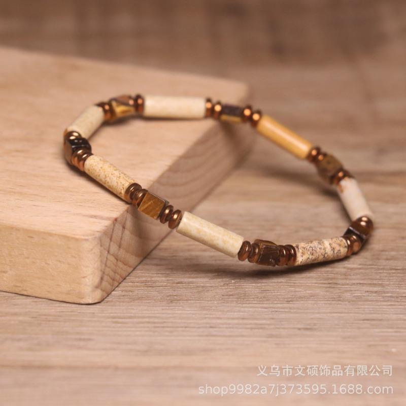 Picture Jasper Tiger Eye Tube Bead Bracelet – Copper Accent Boho Jewelry, Grounding Courage Gift for Men Women