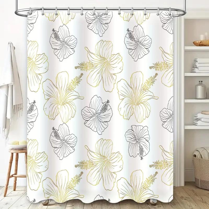 Modern Floral Shower Curtain SetElegant White Gold Bathroom Decor with Black Trim Perfect for Home Bathrooms