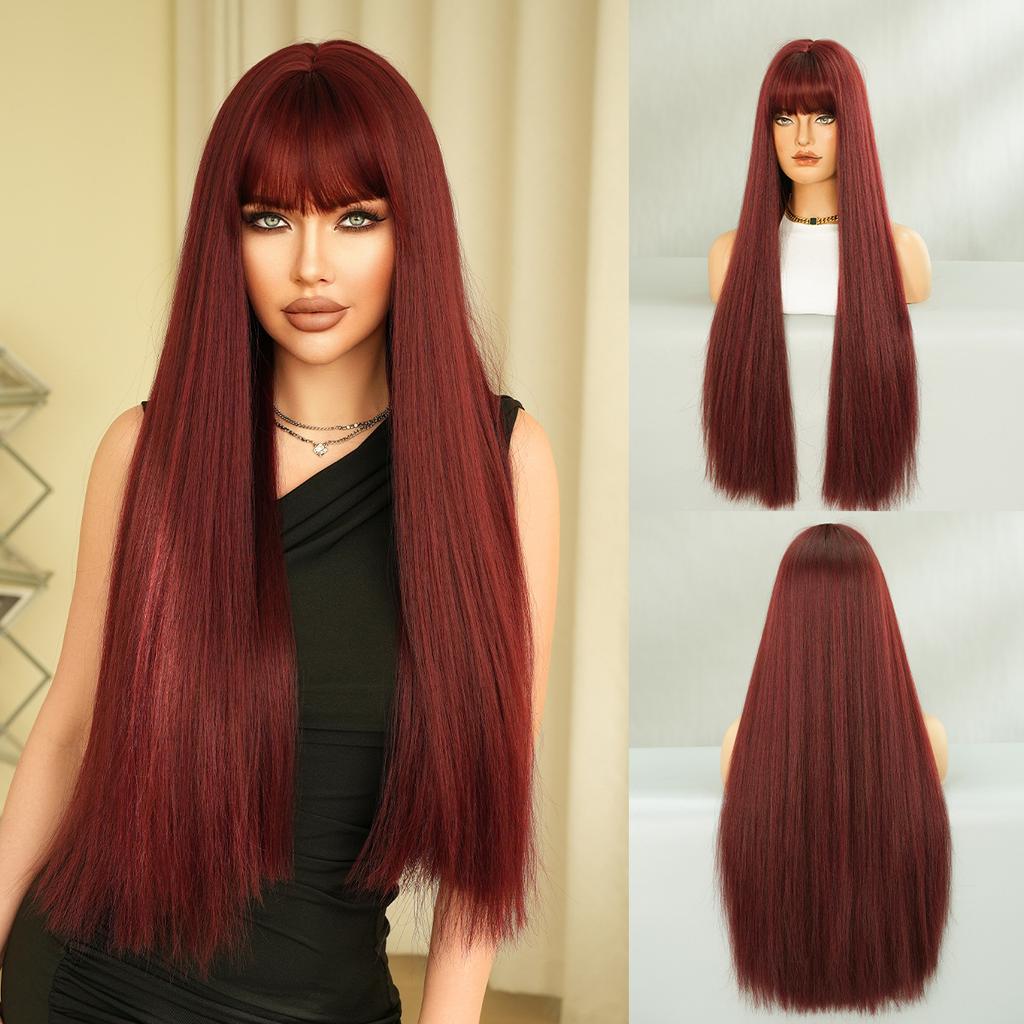 High Quality One Size Fits All Ultra Long Straight Hair 28 Inch Wig Women With Bangs Daily Anti-aging JK Black Cover