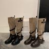 Vintage Maillard Pleated Boots Women's New Brown Platform Belt Buckle Stack Tall Knight Boots