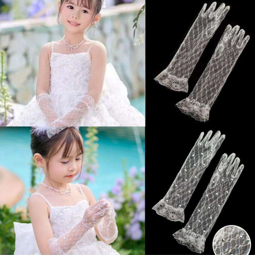 2Pairs Bright Rhinestone Children's Lace Gloves Five Fingers Performance Gloves  Birthday Party