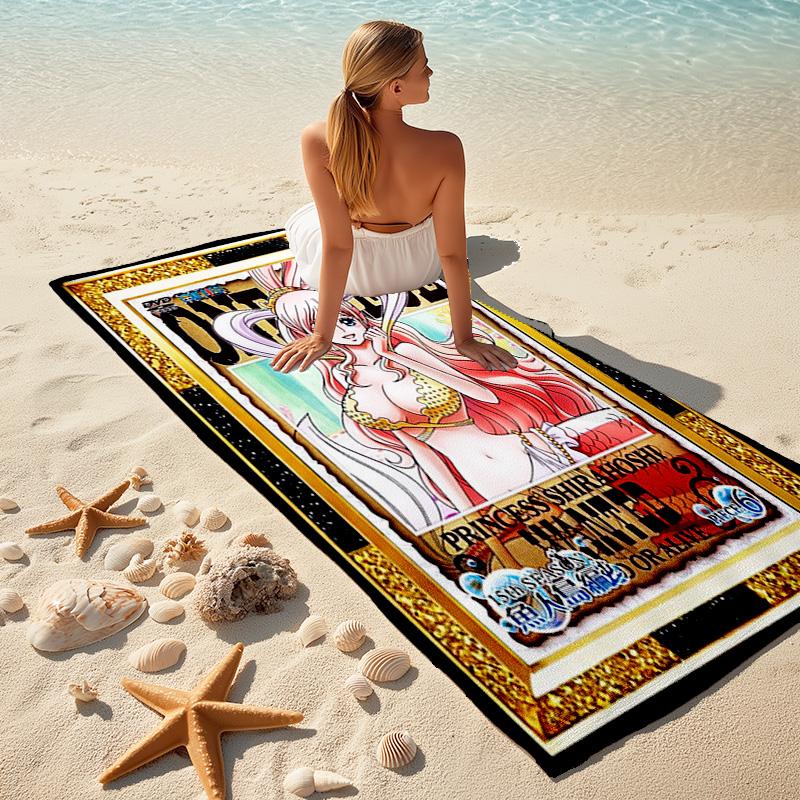 Classic Japanese Element Cartoon ONE PIECE Monkey D. Luffy Beach Towel Outdoor Camping Vacation Swimming Beach Towel Outdoor Absorbent Bath Towel Y22