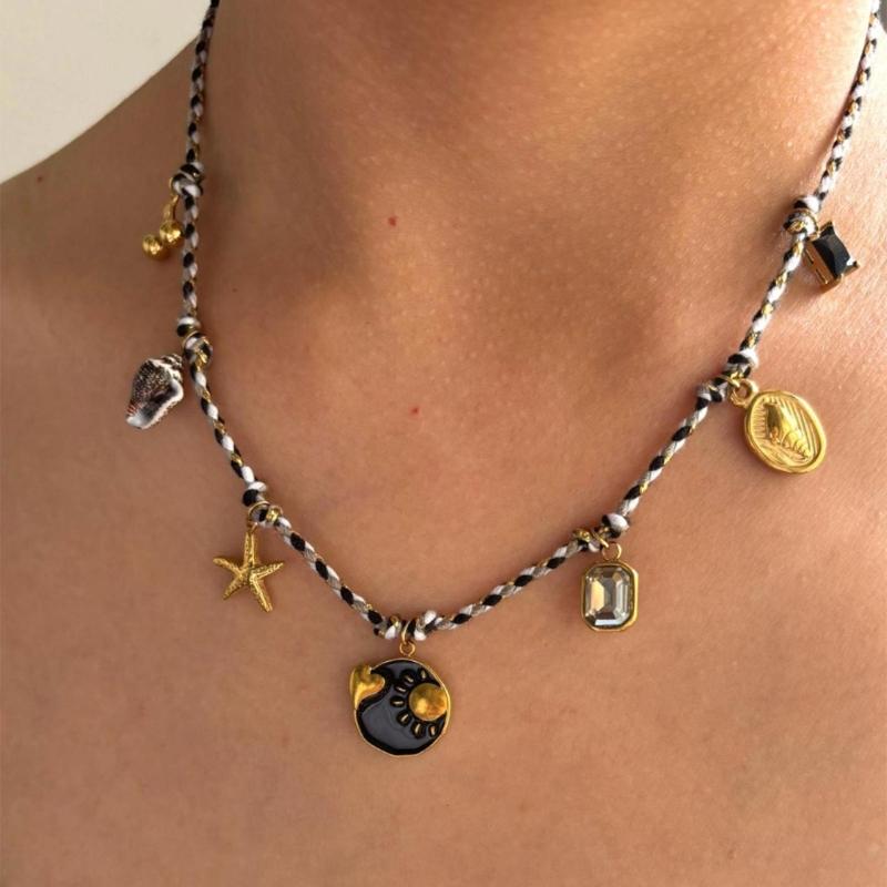 Summer Stainless Steel Necklace Sea Themed Starfish and Heart Charm Drop Oil Neckwear Enamel Jewelry Accessory