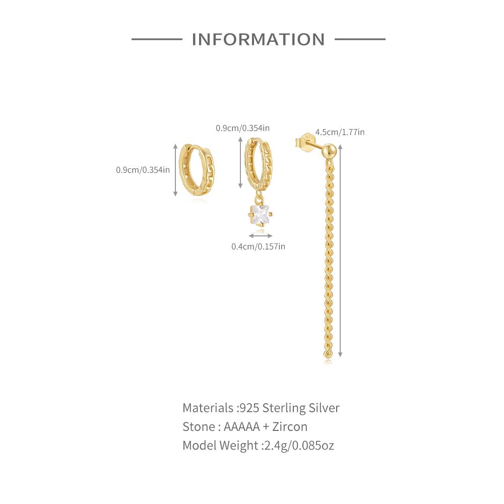 Fashion Jewelry 925 Sterling Silver Round Long Tassel Chain Square Zircon 3 Piece Set Gold Plated Hoop Earring Jewelry for Women